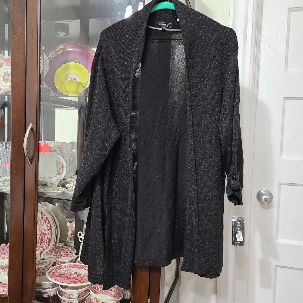 Elementz Women's Open Front Sparkly Career Black Caridgan Folded Sleeves Size 2X
